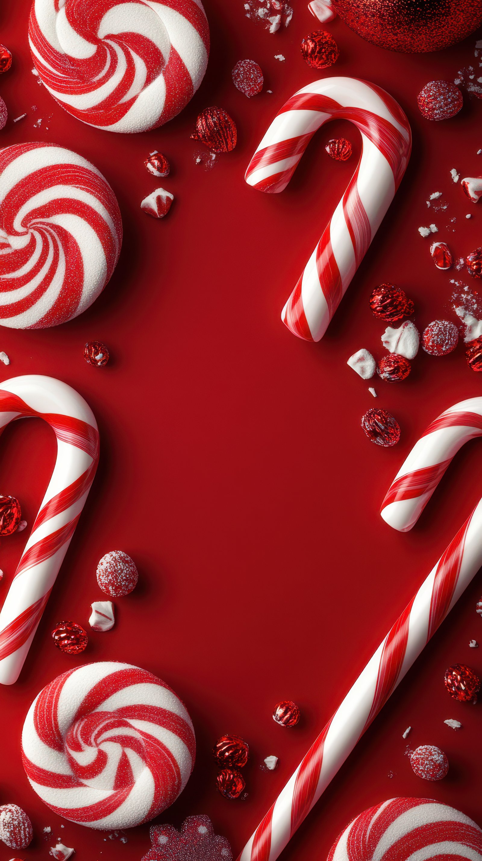 Red and white festive candy arrangement on a smooth surface showcasing a holiday theme